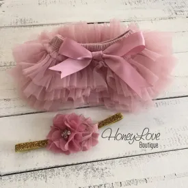 Vintage Pink tutu skirt bloomers and gold glitter headband