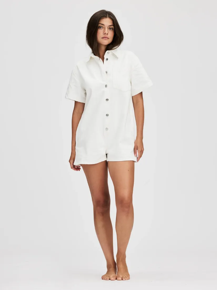 White Short Sleeve Denim Romper