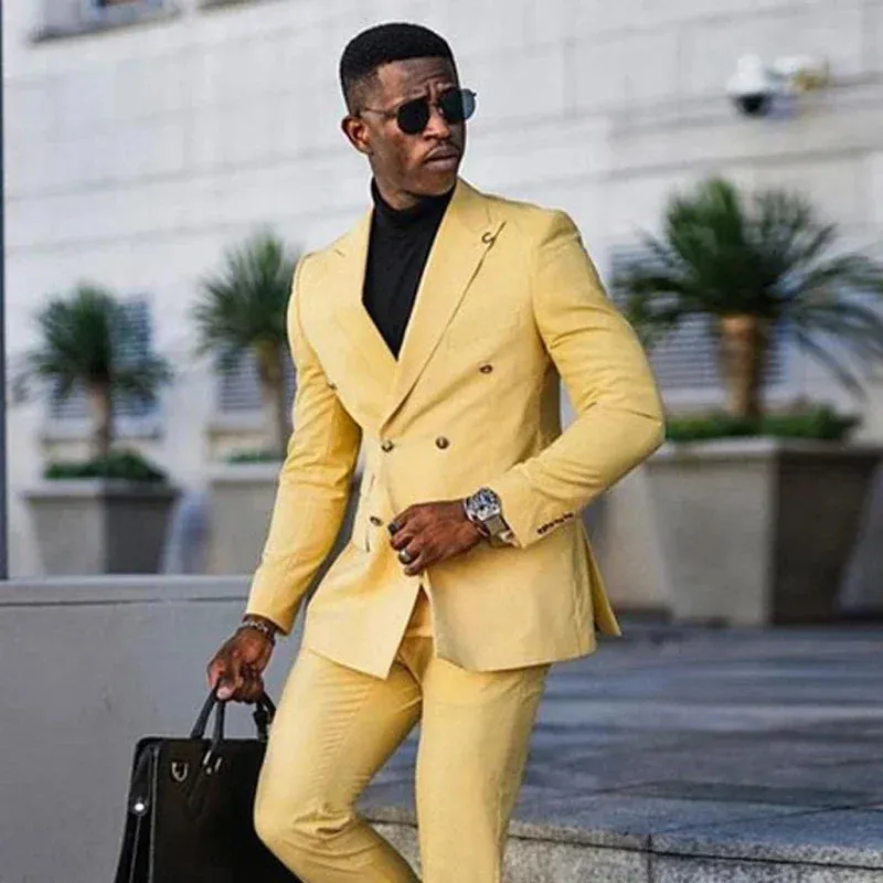 Wiaofellas  -  Fashion Yellow Business Suits For Men Double Breasted Slim Fit Blazer Hombre High Quality Custom 2 Piece Set Costume Homme