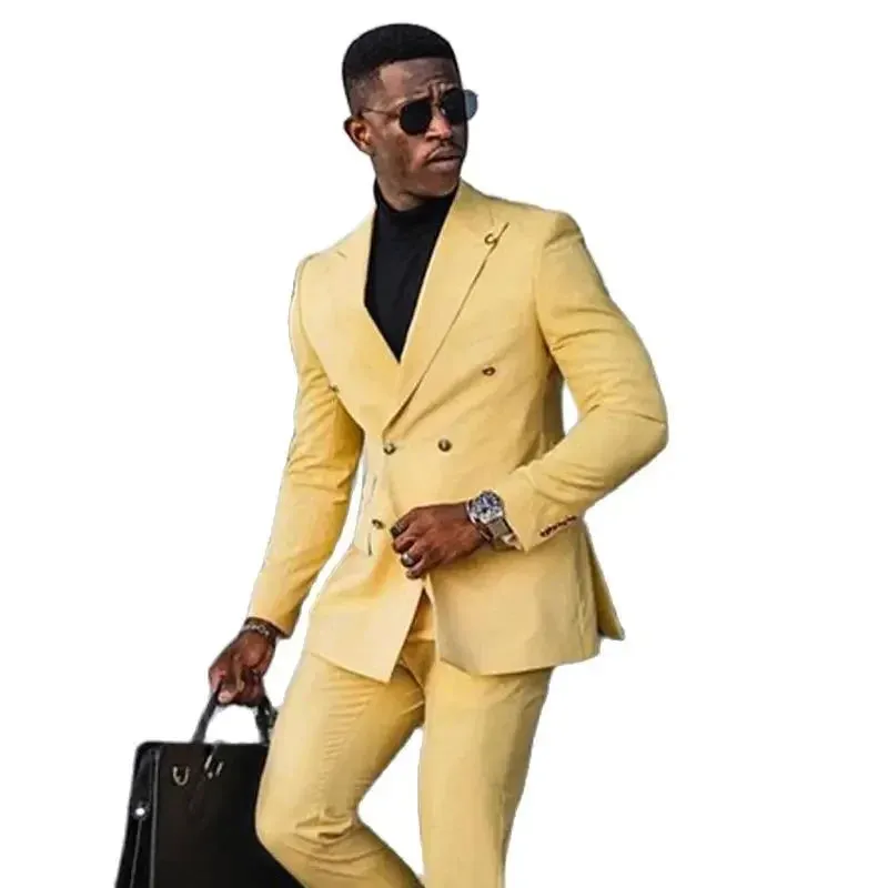 Wiaofellas  -  Fashion Yellow Business Suits For Men Double Breasted Slim Fit Blazer Hombre High Quality Custom 2 Piece Set Costume Homme