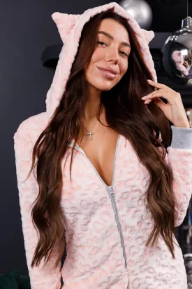 Women's cozy terry butt flap pajamas Sweetjama Frozy with a hood "Peach Leopard"